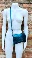 Small leather bag in metallic teal BLUE. Crossbody or shoulder bag in GENUINE leather. Blue purse with adjustable strap. flap and zipper.