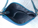 Small leather bag in metallic teal BLUE. Crossbody or shoulder bag in GENUINE leather. Blue purse with adjustable strap. flap and zipper.