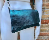 Small leather bag in metallic teal BLUE. Crossbody or shoulder bag in GENUINE leather. Blue purse with adjustable strap. flap and zipper.