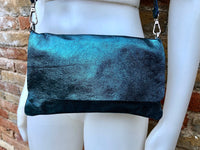 Small leather bag in metallic teal BLUE. Crossbody or shoulder bag in GENUINE leather. Blue purse with adjustable strap. flap and zipper.