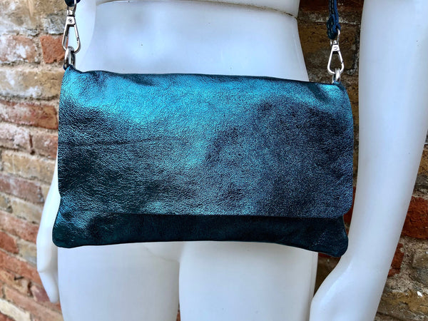 Small leather bag in metallic teal BLUE. Crossbody or shoulder bag in GENUINE leather. Blue purse with adjustable strap. flap and zipper.