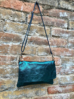 Small leather bag in metallic teal BLUE. Crossbody or shoulder bag in GENUINE leather. Blue purse with adjustable strap. flap and zipper.