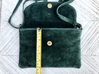 Suede leather bag in DARK GREEN. Crossbody bag in GENUINE leather.Green small leather bag with adjustable strap and zipper.