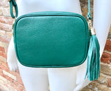 Small leather bag in GREEN. Cross body bag, shoulder bag in GENUINE leather. Green leather purse. Tassel on the zipper . Gold accents.