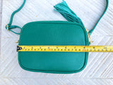 Small leather bag in GREEN. Cross body bag, shoulder bag in GENUINE leather. Green leather purse. Tassel on the zipper . Gold accents.