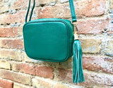 Small leather bag in GREEN. Cross body bag, shoulder bag in GENUINE leather. Green leather purse. Tassel on the zipper . Gold accents.