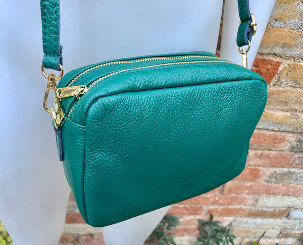 Small leather bag in green. GENUINE leather crossbody / shoulder bag. Small green leather purse. Adjustable strap + zippers. Gold accents.