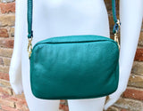 Small leather bag in green. GENUINE leather crossbody / shoulder bag. Small green leather purse. Adjustable strap + zippers. Gold accents.