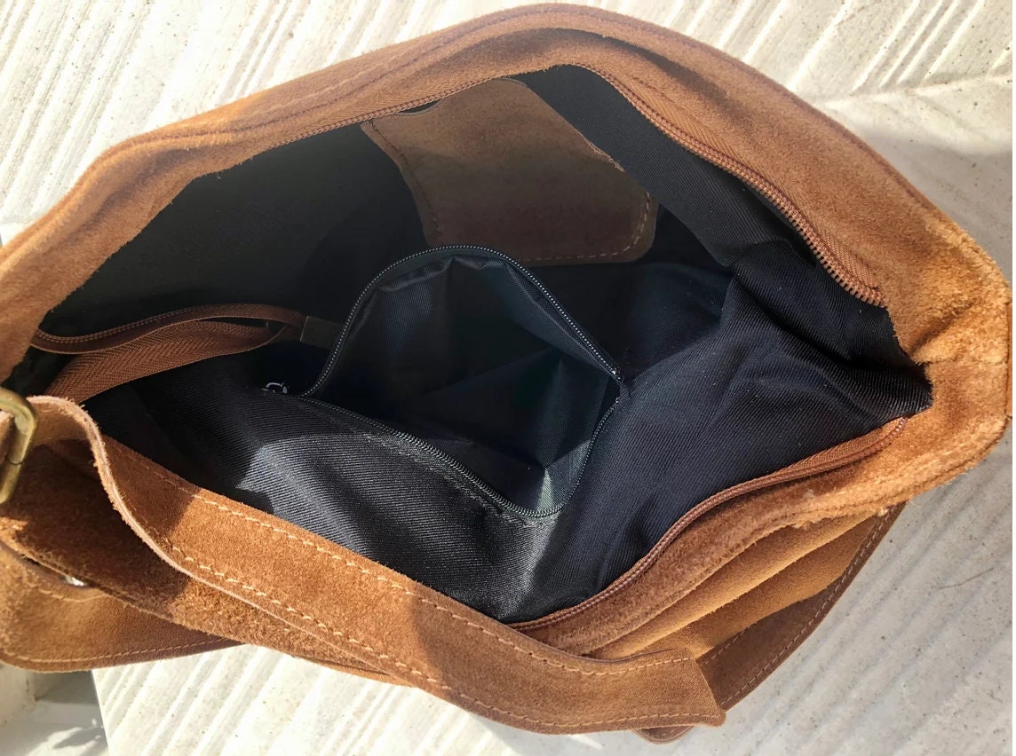 BOHO suede messenger leather bag in BLACK. Cross body bag in BLACK suede. Soft genuine leather messenger bag. School bags