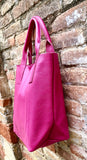 Hot PINK shopper bag in GENUINE leather. Large carry all bag for laptops, books. Fuchsia pink leather tote / bucket bag. Pink leather purse