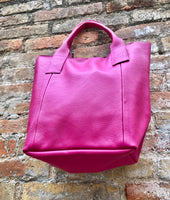 Hot PINK shopper bag in GENUINE leather. Large carry all bag for laptops, books. Fuchsia pink leather tote / bucket bag. Pink leather purse