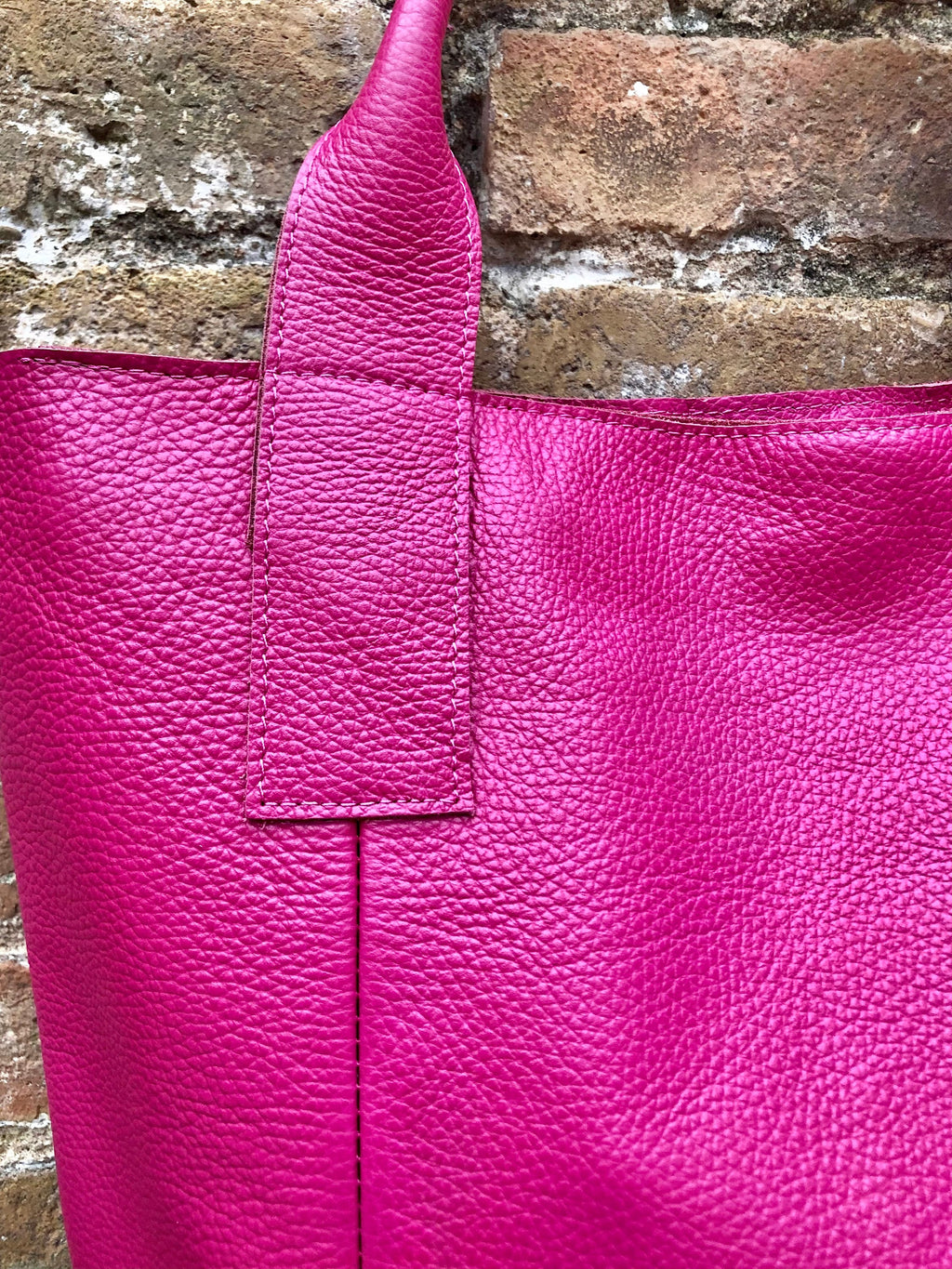 Hot PINK shopper bag in GENUINE leather. Large carry all bag for laptops, books. Fuchsia pink leather tote / bucket bag. Pink leather purse