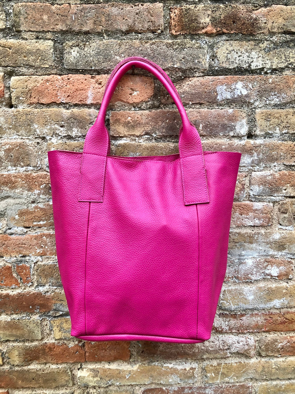 Hot PINK shopper bag in GENUINE leather. Large carry all bag for laptops, books. Fuchsia pink leather tote / bucket bag. Pink leather purse