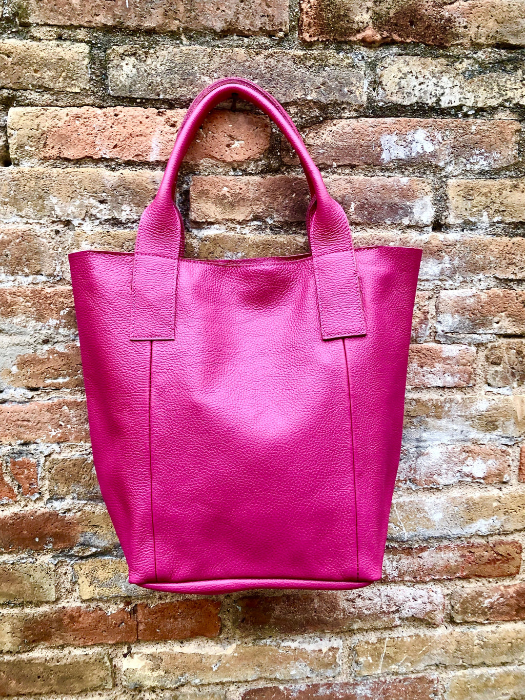Hot PINK shopper bag in GENUINE leather. Large carry all bag for laptops, books. Fuchsia pink leather tote / bucket bag. Pink leather purse