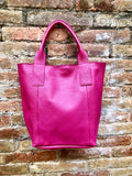 Hot PINK shopper bag in GENUINE leather. Large carry all bag for laptops, books. Fuchsia pink leather tote / bucket bag. Pink leather purse