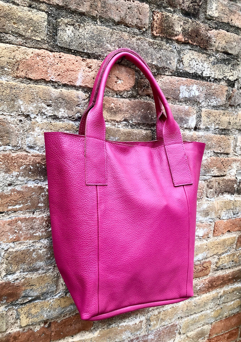 Hot PINK shopper bag in GENUINE leather. Large carry all bag for laptops, books. Fuchsia pink leather tote / bucket bag. Pink leather purse