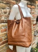 Tote leather bag in CAMEL brown. Soft natural GENUINE leather bag. Large brown leather bag.Tan brown shopper , Laptop bag. With ZIPPER.