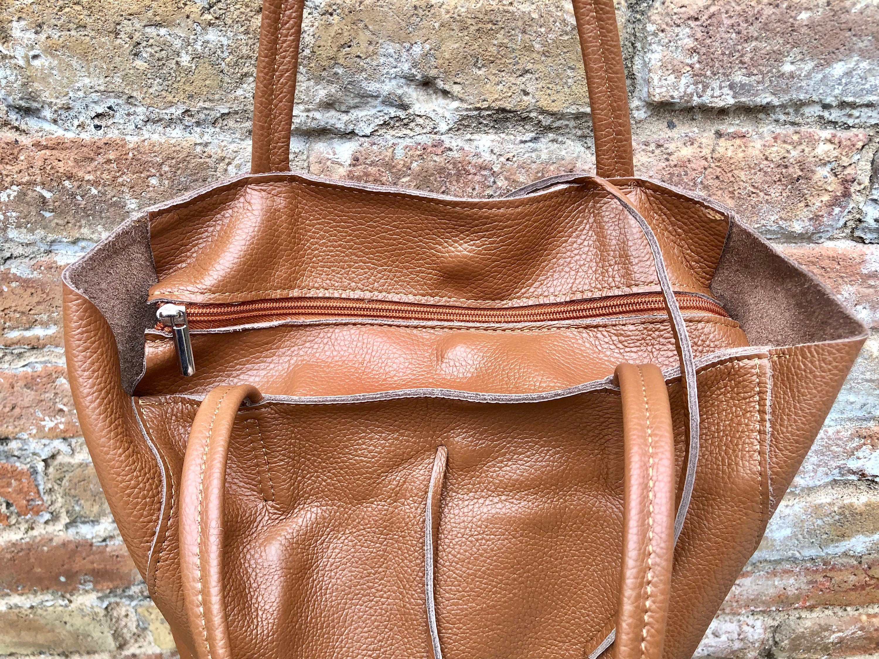 Tote leather bag in CAMEL brown. Soft natural GENUINE leather bag. Large brown leather bag.Tan brown shopper , Laptop bag. With ZIPPER.