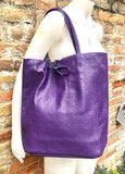 Tote leather bag in PURPLE. Soft natural GENUINE leather bag. Large purple leather shopper bag, Laptop bag. With ZIPPER. Purple purse