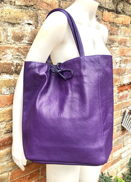 Tote leather bag in PURPLE. Soft natural GENUINE leather bag. Large purple leather shopper bag, Laptop bag. With ZIPPER. Purple purse