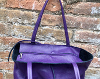 Tote leather bag in PURPLE. Soft natural GENUINE leather bag. Large purple leather shopper bag, Laptop bag. With ZIPPER. Purple purse