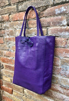 Tote leather bag in PURPLE. Soft natural GENUINE leather bag. Large purple leather shopper bag, Laptop bag. With ZIPPER. Purple purse