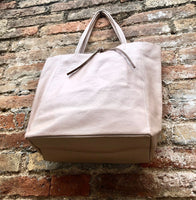 Tote leather bag in light pink. Soft natural GENUINE leather bag. Large dusty pink leather shopper bag, Laptop bag. With ZIPPER. Pink purse