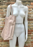 Tote leather bag in light pink. Soft natural GENUINE leather bag. Large dusty pink leather shopper bag, Laptop bag. With ZIPPER. Pink purse