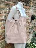 Tote leather bag in light pink. Soft natural GENUINE leather bag. Large dusty pink leather shopper bag, Laptop bag. With ZIPPER. Pink purse