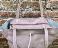 Tote leather bag in light pink. Soft natural GENUINE leather bag. Large dusty pink leather shopper bag, Laptop bag. With ZIPPER. Pink purse