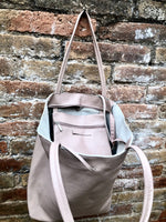 Tote leather bag in light pink. Soft natural GENUINE leather bag. Large dusty pink leather shopper bag, Laptop bag. With ZIPPER. Pink purse