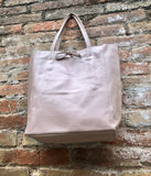 Tote leather bag in light pink. Soft natural GENUINE leather bag. Large dusty pink leather shopper bag, Laptop bag. With ZIPPER. Pink purse