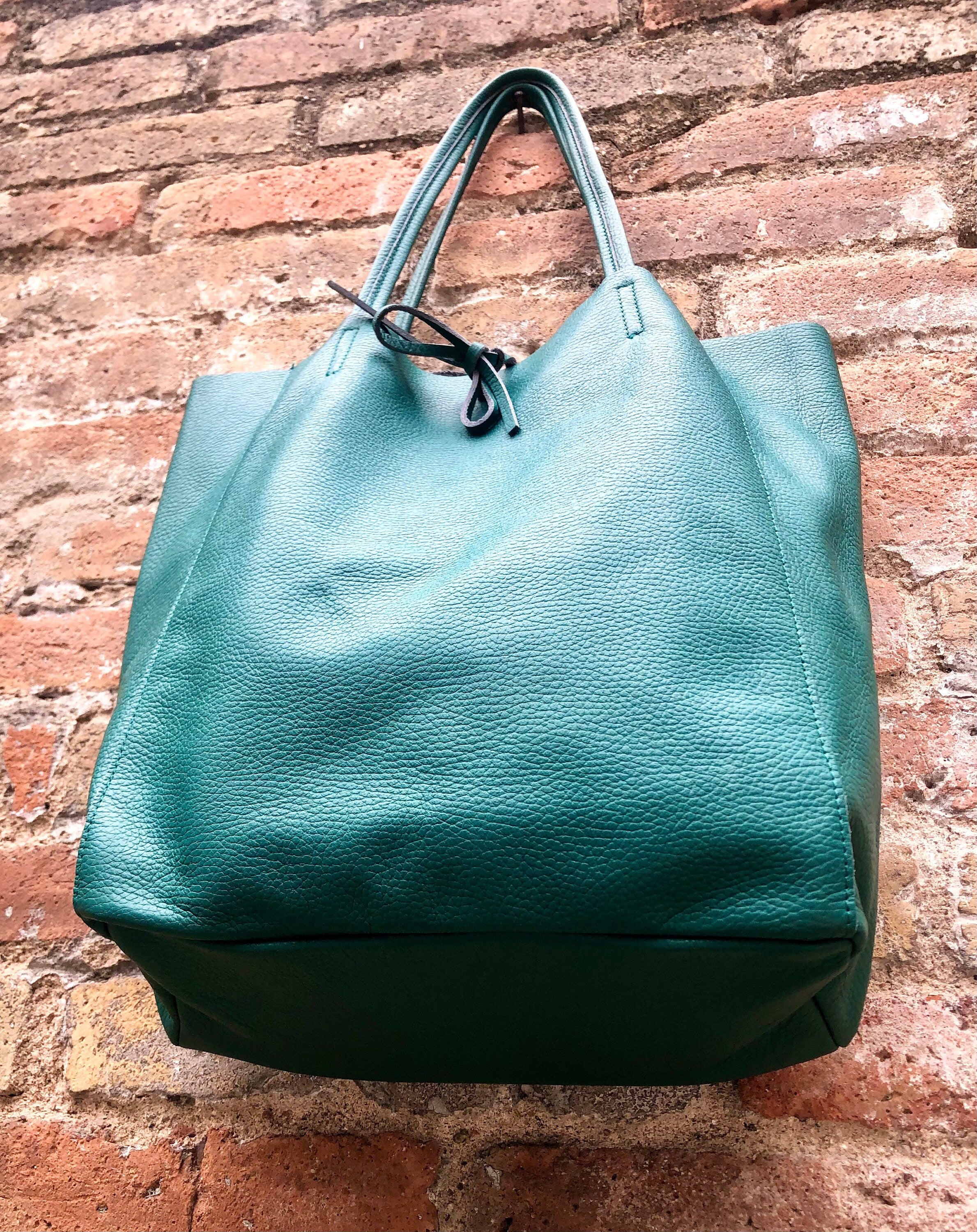 Tote leather bag in teal green. GENUINE leather shopper. Large carry all bag for your laptop, books. Dark green large leather purse