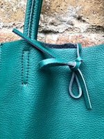 Tote leather bag in teal green. GENUINE leather shopper. Large carry all bag for your laptop, books. Dark green large leather purse