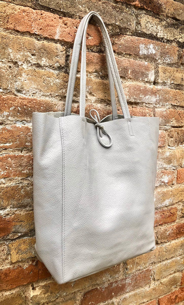 Tote leather bag in GRAY. Leather shopper in gray. Soft natural GENUINE leather . Large bag for your laptop, books. Gray leather shopper.