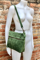 BOHO suede leather bag in GREEN. Cross body bag, leather bag, boho bag, messenger suede bag. Soft natural leather bag with tassel