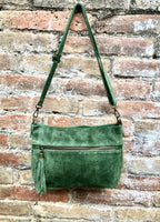 BOHO suede leather bag in GREEN. Cross body bag, leather bag, boho bag, messenger suede bag. Soft natural leather bag with tassel