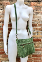 BOHO suede leather bag in GREEN. Cross body bag, leather bag, boho bag, messenger suede bag. Soft natural leather bag with tassel