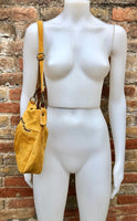 Boho suede leather bag in MUSTARD YELLOW. Crossbody / shoulder bag in genuine leather bag. Yellow suede purse with tassel.