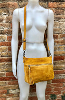 BOHO suede leather bag in MUSTARD YELLOW. Cross body bag, leather bag, boho bag, messenger suede bag. Soft natural leather bag with tassel