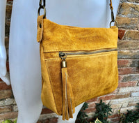 Boho suede leather bag in MUSTARD YELLOW. Crossbody / shoulder bag in genuine leather bag. Yellow suede purse with tassel.