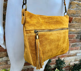 BOHO suede leather bag in MUSTARD YELLOW. Cross body bag, leather bag, boho bag, messenger suede bag. Soft natural leather bag with tassel