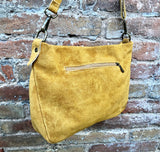 Boho suede leather bag in MUSTARD YELLOW. Crossbody / shoulder bag in genuine leather bag. Yellow suede purse with tassel.