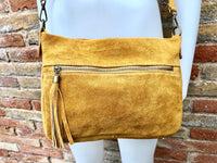 Boho suede leather bag in MUSTARD YELLOW. Crossbody / shoulder bag in genuine leather bag. Yellow suede purse with tassel.