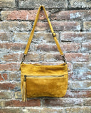 BOHO suede leather bag in MUSTARD YELLOW. Cross body bag, leather bag, boho bag, messenger suede bag. Soft natural leather bag with tassel