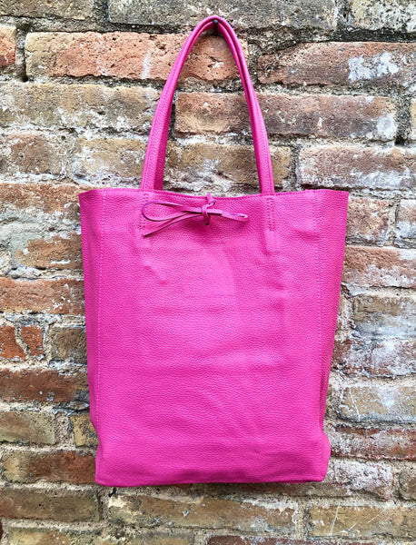 Tote leather bag in fuchsia pink. Soft natural GENUINE leather bag. Large hot pink leather shopper bag, Laptop bag. With ZIPPER. Pink purse