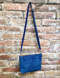 Small BLUE suede leather bag. Crossbody or shoulder bag in GENUINE leather. Adjustable strap. + zipper. Blue suede purse