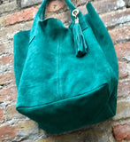 Green leather shopper bag in genuine suede. Slouchy teal green carry all tote bag for laptops, tablets, books. Green leather purse