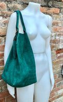 Green leather shopper bag in genuine suede. Slouchy teal green carry all tote bag for laptops, tablets, books. Green leather purse