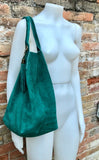 Green leather shopper bag in genuine suede. Slouchy teal green carry all tote bag for laptops, tablets, books. Green leather purse